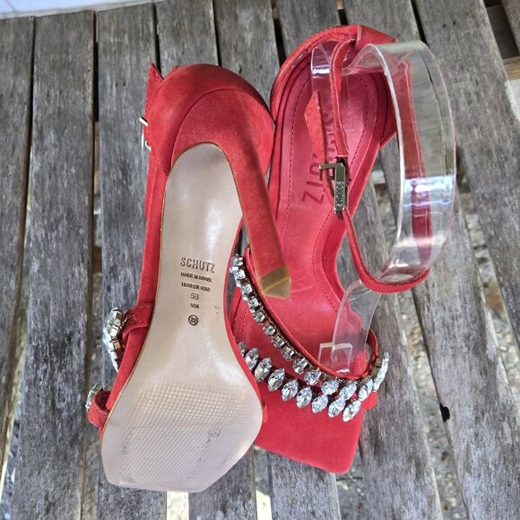 New SCHUTZ Linsey Red Suede Nubuck Rhinestone Sandals Heels Shoes 5 - Picture 7 of 7